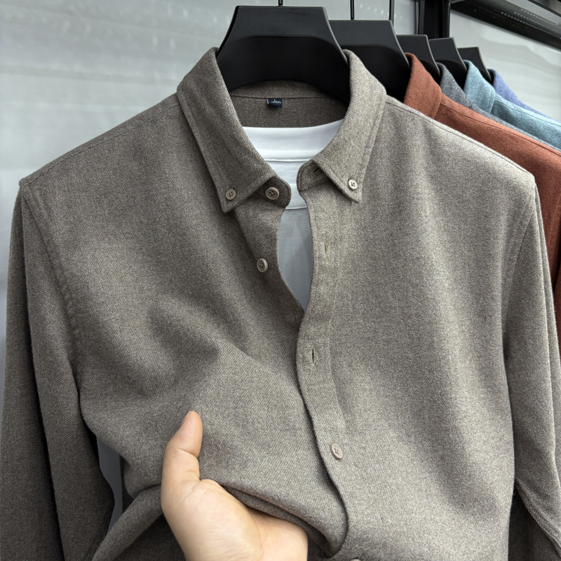 Light Luxury Modal Spring and Autumn Brushed Thickened Long-Sleeved Shirt Solid Color Men's Business Casual Commuting Shirt Top