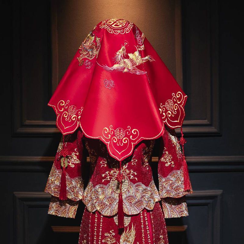 Red Veil Bride Xiuhe High-End Wedding Veil Satin 2026 New Chinese Style Wedding Suzhou Embroidery Solid Color