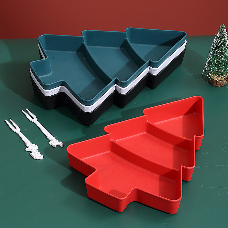 Creative Red Christmas Plate, Household Plastic Tree-Shaped Three-Compartment Dried Fruit Plate, Snacks, Melon Seeds, Snacks, Fruit Plate