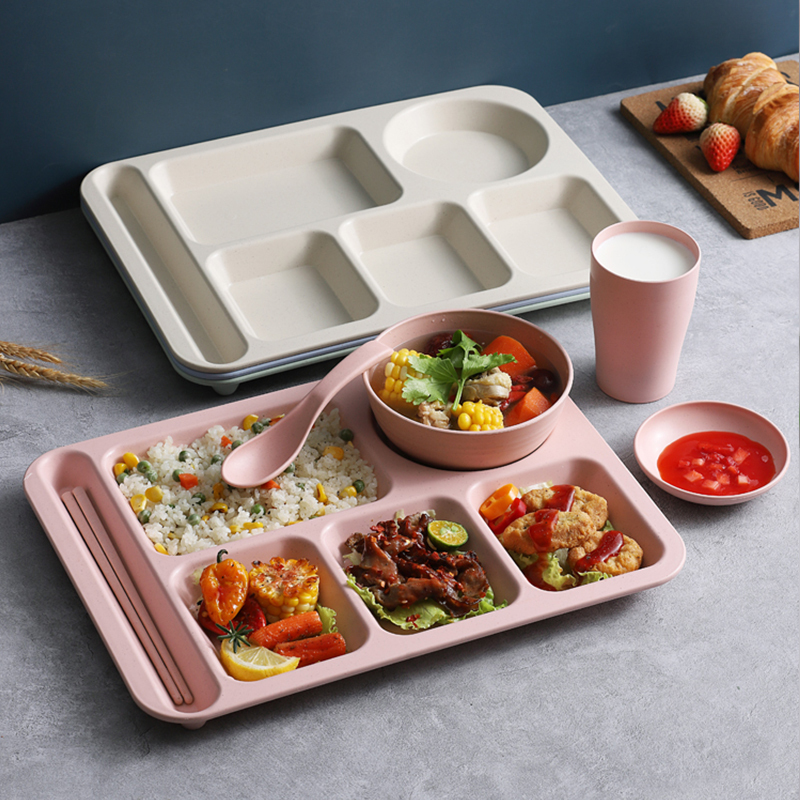 Wheat Straw Household Divided Plate for Adults, Office Workers, Canteen, Fast Food Plate with Bowl, Commercial 4-Compartment Set