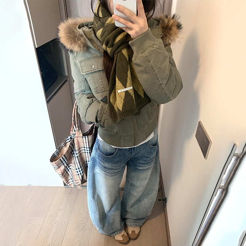 Winter White Duck down Green Washed Vintage Short Workwear down Jacket for Women, Winter Retro American-Style down Coat Winter White Duck down Green Washed Vintage Short Workwear down Jacket for Women, Winter Retro American-Style down Coat