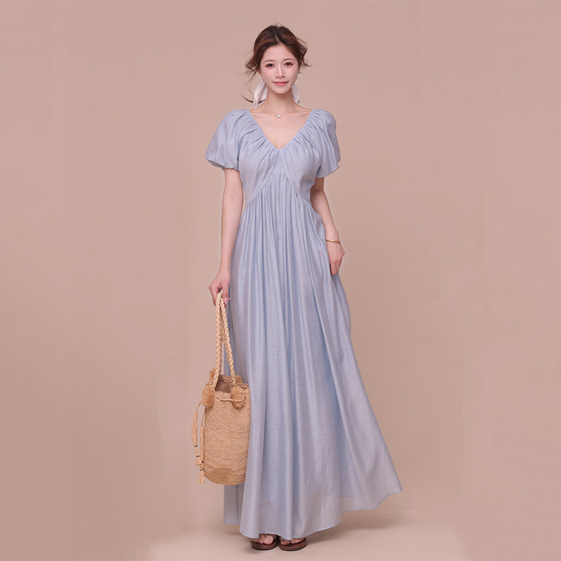 2026 Super Stylish French Hepburn Long Blue Dress, Trendy on Instagram, Summer V-Neck Dress for Women, Summer Fashion