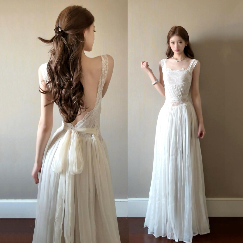 Summer Long White Backless Spaghetti Strap Dress for Women 2026 New Design Summer Dress Long Dress