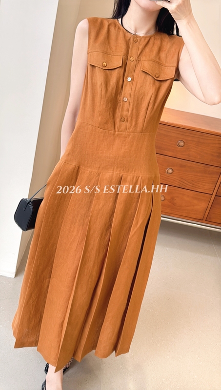 2026 Summer New Niche Design Elegant Sleeveless Double-Pocket Waist-Cinching Pleated Linen Tank Dress for Women