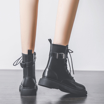 Womens shoes 2020 autumn and winter new belt buckle booties womens British wind mid-barrel boots all-match leather Martin boots women