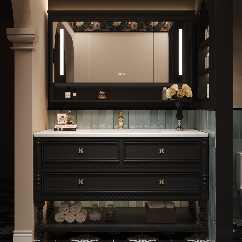 French-Style Retro Floor-Standing Bathroom Cabinet Combination with Corian Integrated Basin for Washing Face and Washing Hands