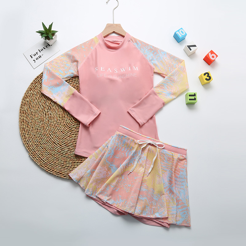 Children's swimsuit Girls and girls middle and senior children 12-15 years old students two-piece skirt long sleeve sunscreen spa girls swimsuit