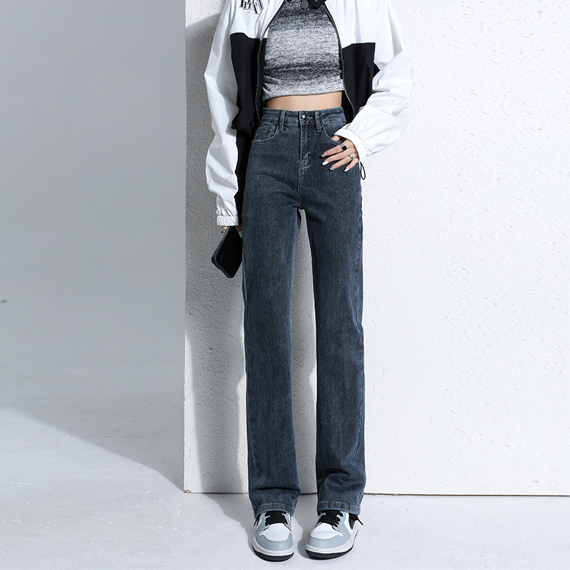 High-Waisted Straight-Leg Slim-Fit Jeans for Women, 2025 Spring/Summer New Style, Petite, Cigarette-Leg, Loose, Slimming, Extended Length, Thin Style