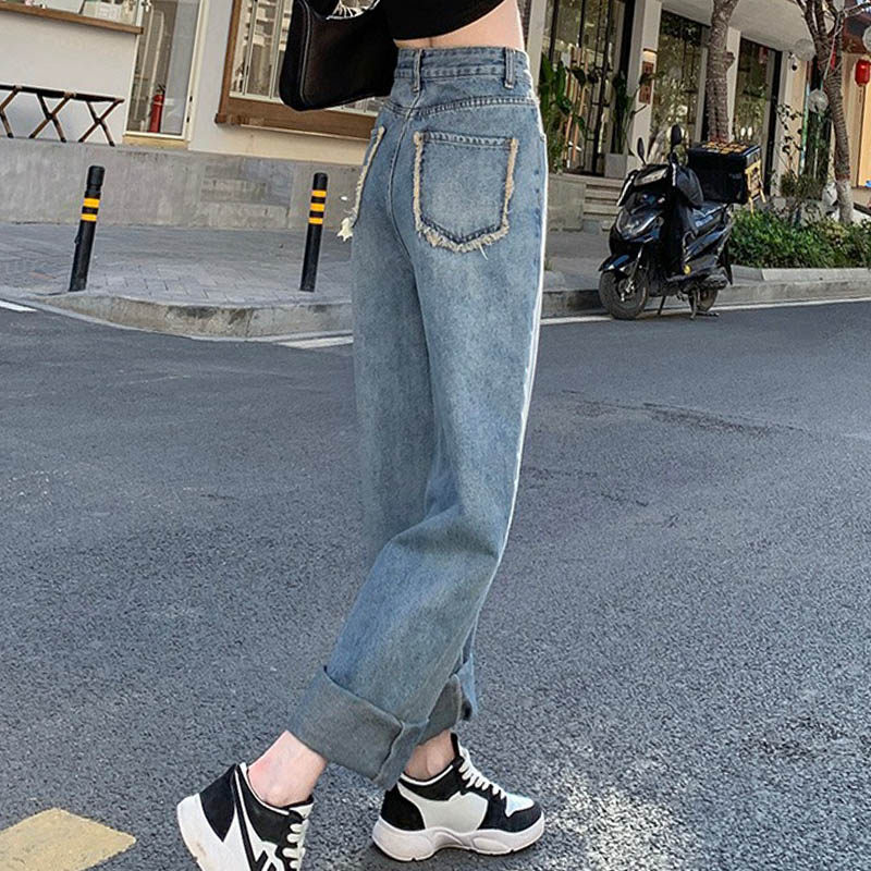 2022 spring and summer new loose straight jeans women's back pockets are all-match with thin burrs design wide-leg pants trend