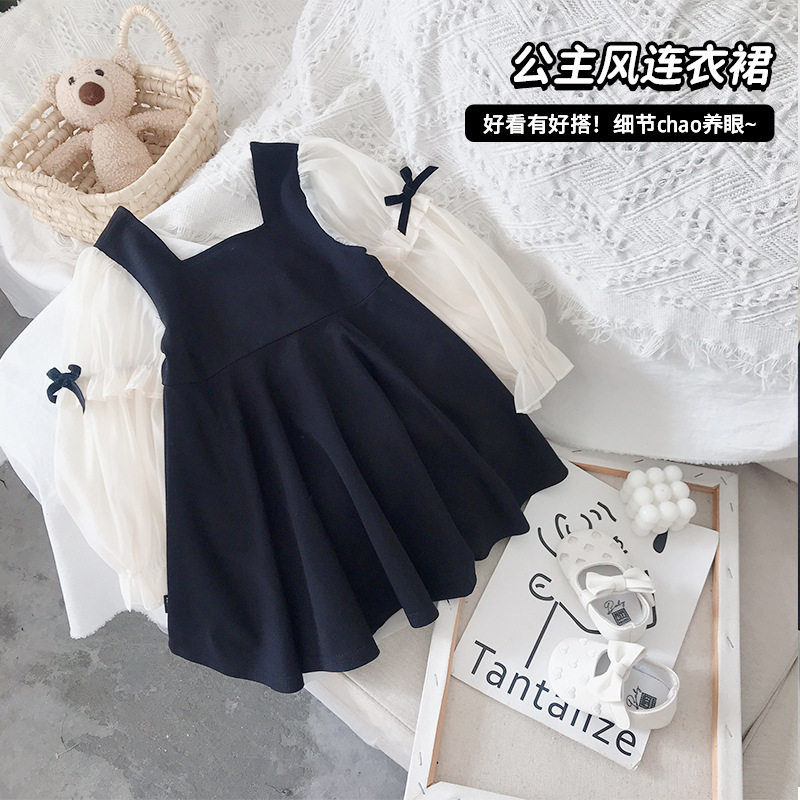 7947 Spring loaded new Korean version splicing mesh yarn sleeves butterfly knot long sleeve princess dress