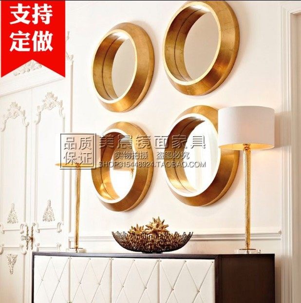 European luxury golden round mirror masonry decoration mirror American living room sofa background wall combination wall