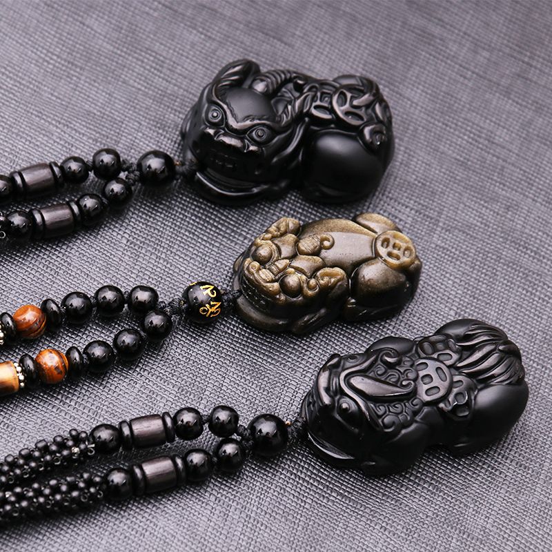 Natural black dazzling stone leopard pendant necklace pendant necklace with male and female kirin pendant ornament damp and green buckle-Taobao