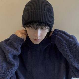 Men's Winter Warm Black Woolen Hat, Men's Knitted Hat, Large Head Circumference Cold Hat, Men's Head-Covering Hat, Cotton Hat