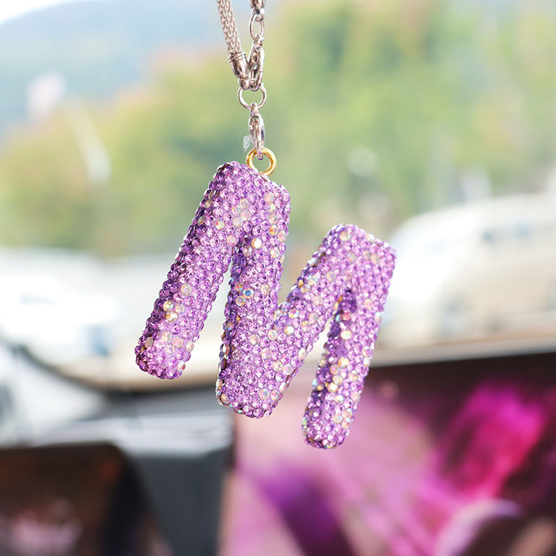 Diamond-Encrusted Purple English Letter Clay Car Interior Decoration Pendant for Women, Rhinestone Car Rearview Mirror Pendant Diamond-Encrusted Purple English Letter Clay Car Interior Decoration Pendant for Women, Rhinestone Car Rearview Mirror Pendant