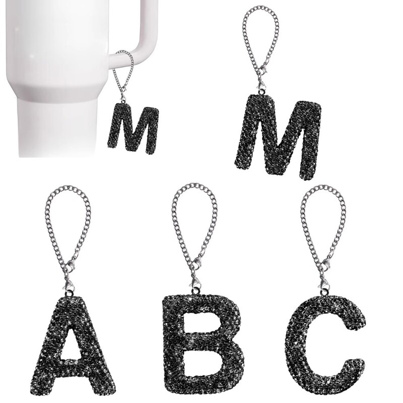 Black Diamond-Encrusted 26-Letter English Alphabet Cup Chain Car Pendant Full of Diamonds Couple Pendant Keychain Bag Charm for Women