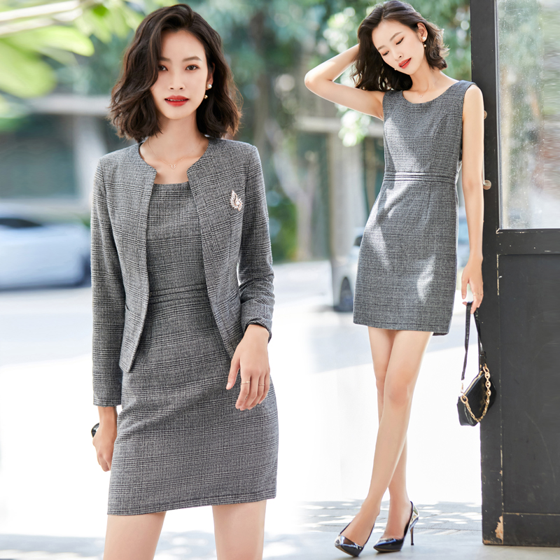 Autumn Clothing Grey Professional Suit Suit Women Han Edition Fashion Temperament Foreign Dress Two Sets Hotel Front Desk Work Clothes