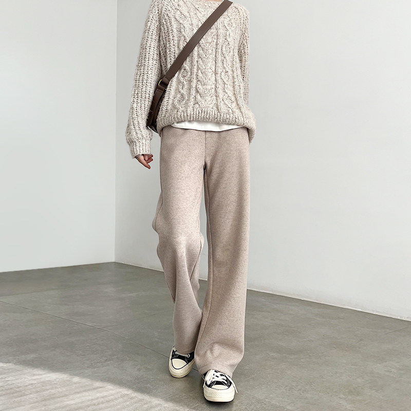 Gush wide leg pants woman autumn winter 2023 new high waist narrow version straight cylinder casual thickened knit oat color pants-Taobao