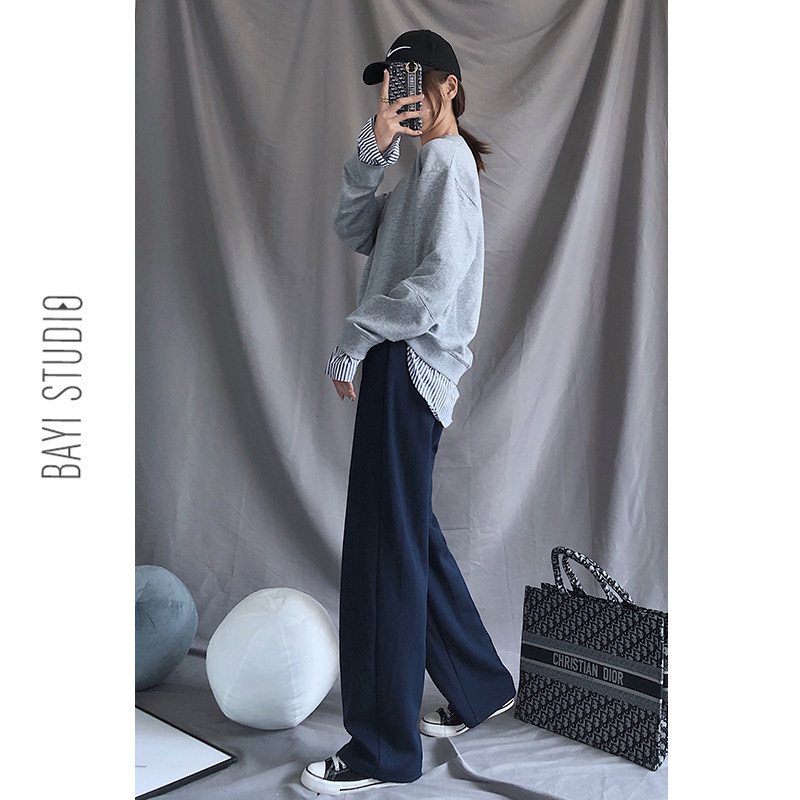 Knitted wide leg pants women's spring and autumn high waist sag slimming loose straight pants black casual padded mop pants