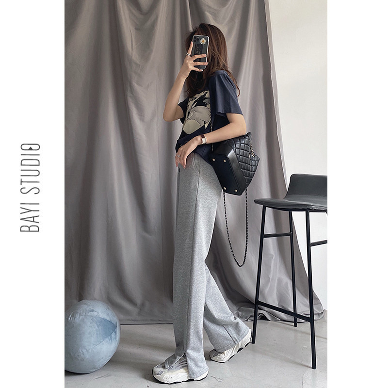 Open Fork Grey Broadlegged Pants Woman Spring Autumn High Waist Display Slim Straight Drum Sweatpants Loose Feeling Tug Casual Sports Pants Tide