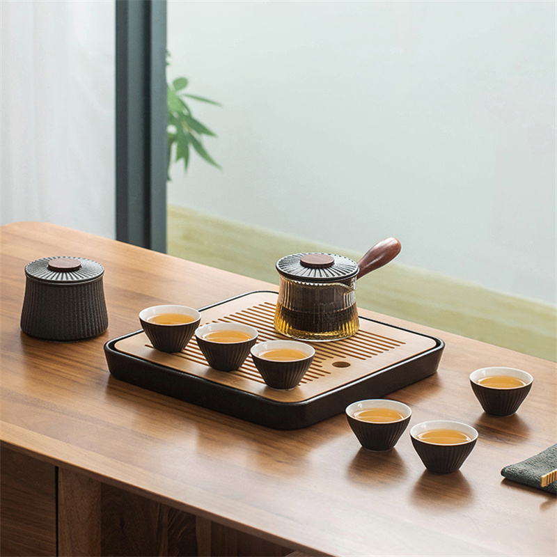 KOCORIUM Japan-style home Gongfu tea suit light and luxurious ceramic tea cup glass tea pot tea tray whole set-Taobao