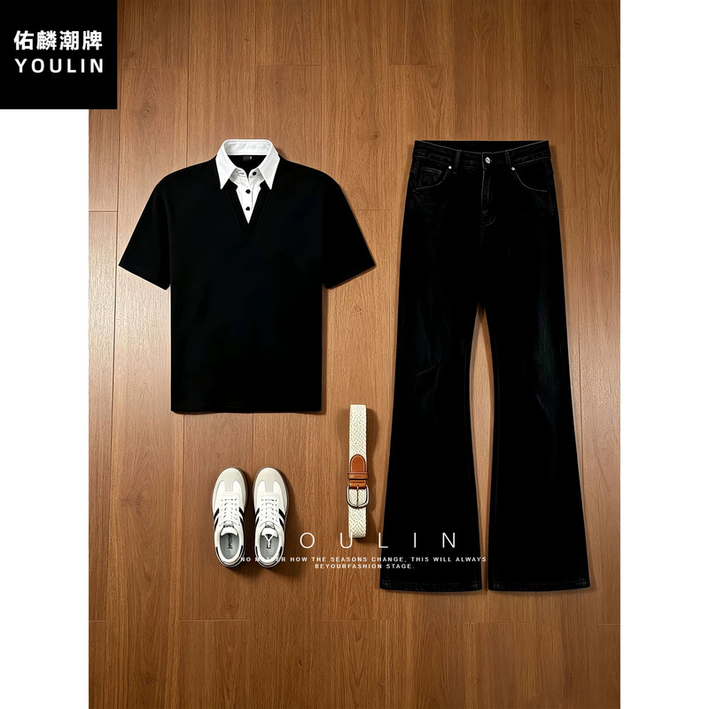 Black American-Style Fake Two-Piece Short-Sleeve Suit, Summer Casual Outfit for Men, Regular Shoulder V-Neck T-Shirt, Polo Shirt Set