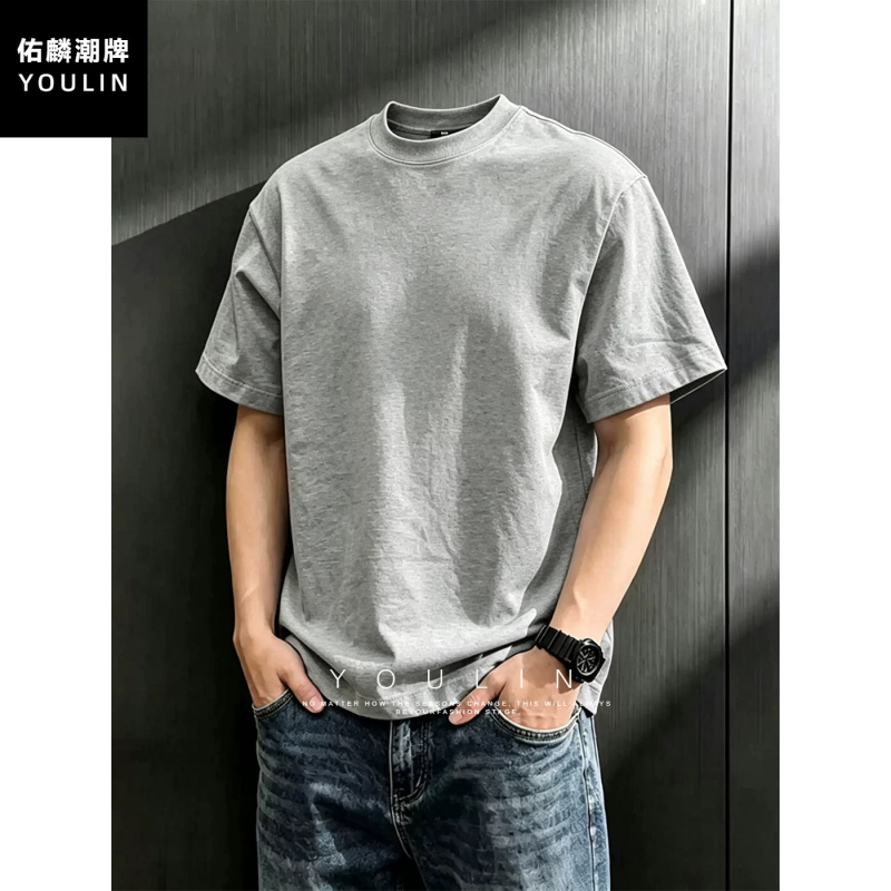 Light Gray Pure Cotton Heavyweight T-Shirt for Men, Summer Small Neckline, Regular Shoulder, Short Sleeves, Xinjiang Long-Staple Cotton, Breathable Half-Sleeve Light Gray Pure Cotton Heavyweight T-Shirt for Men, Summer Small Neckline, Regular Shoulder, Short Sleeves, Xinjiang Long-Staple Cotton, Breathable Half-Sleeve