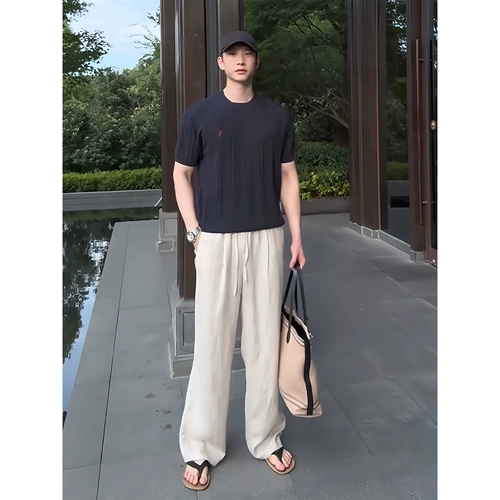 Белые летние легкие и тонкие штаны, из хлопка и льна, свободный прямой крой