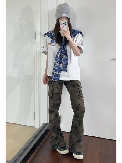 American-Style Camouflage Flared Jeans for Women, Summer Thin Straight-Leg Work Pants, High Street Vibe Style Bell-Bottom Trousers