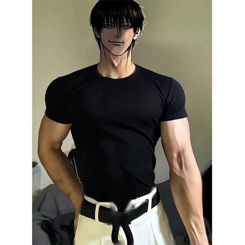 Fushiguro Shiner Tight-Fitting Cuff T-Shirt for Men, Small Neckline, Running, Fitness, Quick-Drying, Short-Sleeved, Muscle-Enhancing, Sports Half-Sleeve