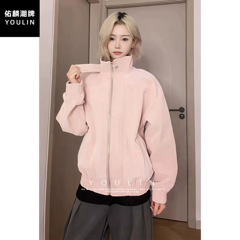 American-Style Pink Stand-Collar Jacket for Men and Women, Autumn Couple's Pu Leather Jacket, Unisex Style, Regular Shoulder Baseball Jacket