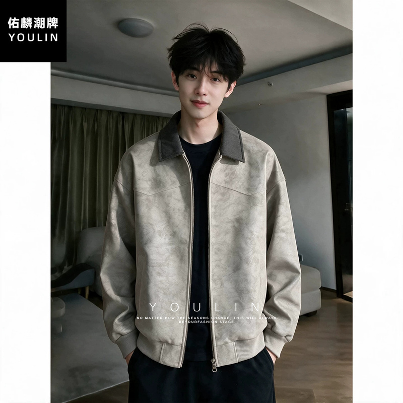 Gray Matte Tie-Dye Pu Leather Jacket for Men, Autumn Barn Style Deconstructed Lapel Jacket, American Short Baseball Jacket Gray Matte Tie-Dye Pu Leather Jacket for Men, Autumn Barn Style Deconstructed Lapel Jacket, American Short Baseball Jacket