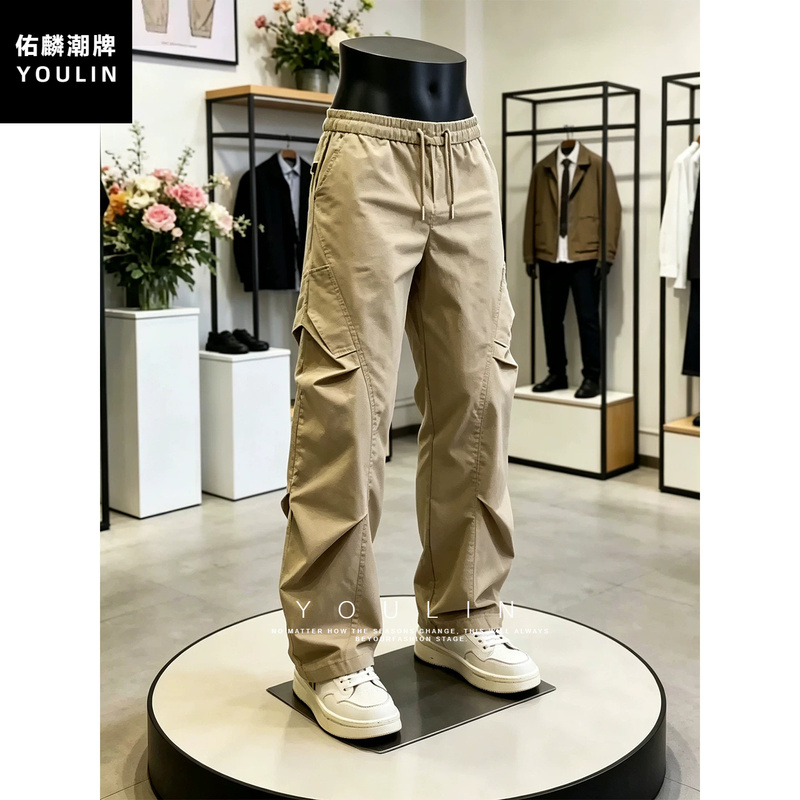 Khaki American-Style Quick-Dry Paratrooper Cargo Pants for Men, Summer Thin Pleated Pants That Make Legs Look Longer, Hiking and Outdoor Pants