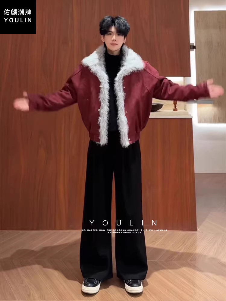 Burgundy Fur Collar Mountain Carving Jacket, Cool and Stylish Autumn/Winter Outfit for Men, Thick Faux Suede Cotton Coat