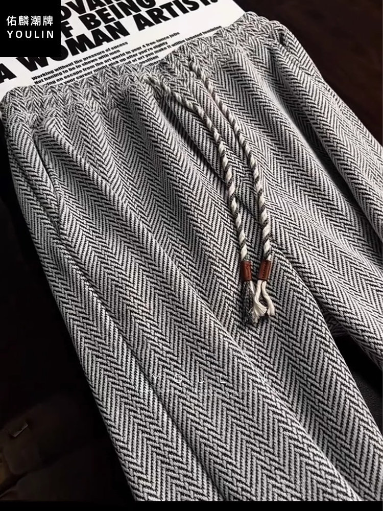 Herringbone Casual Pants for Men, Autumn and Winter, Fleece-Lined, Thick, Heavy-Duty Straight-Leg Sweatpants, Loose and Drapey Wide-Leg Pants