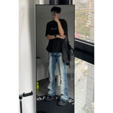 Штаны, синие ретро джинсы, европейский стиль, свободный прямой крой