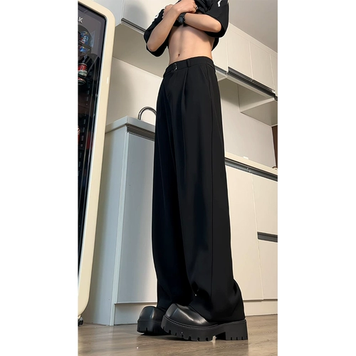 Черные штаны, длинный летний костюм для отдыха, свободный прямой крой, изысканный стиль, высокая талия