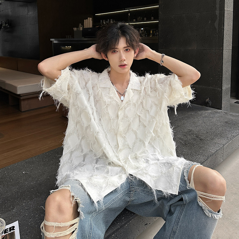 Pure White Three-Dimensional Tassel Shirt, High-End Designer Short-Sleeved Shirt for Men, Summer Hairstylist Trendy Brand Outfit