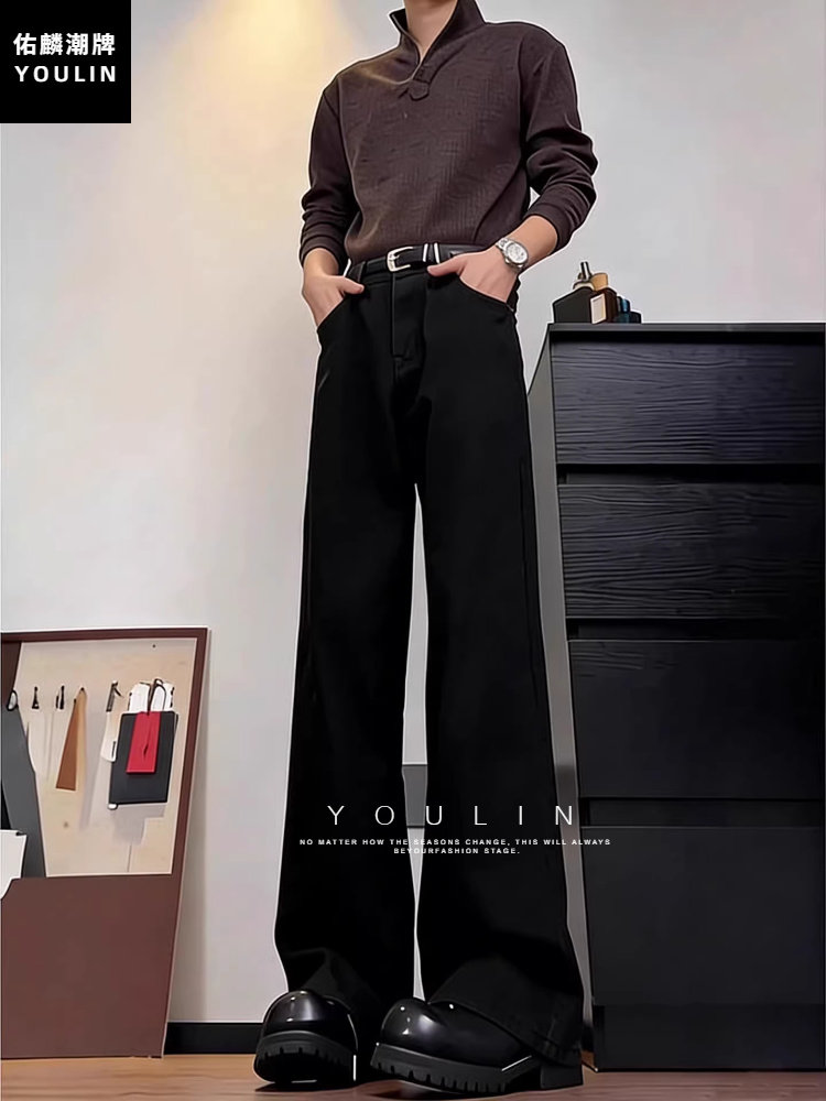 Black Straight-Leg Jeans for Men, Autumn and Winter, Tall, Fleece-Lined, Extra-Long Pants, American High Street Style, Non-Tight Fit, Slightly Flared Pants