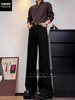 Black Straight-Leg Jeans for Men, Autumn and Winter, Tall, Fleece-Lined, Extra-Long Pants, American High Street Style, Non-Tight Fit, Slightly Flared Pants