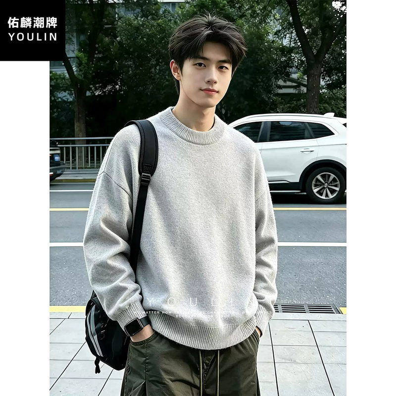 Light Gray American-Style Crew Neck Sweater for Men, Autumn and Winter Lazy Style, Regular Shoulder Sweatshirt, Cleanfit Inner Layer Knitwear Light Gray American-Style Crew Neck Sweater for Men, Autumn and Winter Lazy Style, Regular Shoulder Sweatshirt, Cleanfit Inner Layer Knitwear