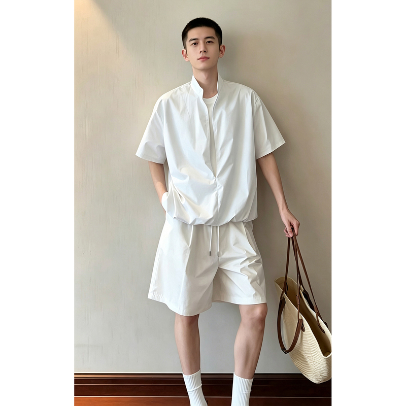 White Fake Two-Piece Shirt Set for Men, Summer Thin Style Ootd Outfit, Stand Collar Short-Sleeve Shirt with a Complete Set