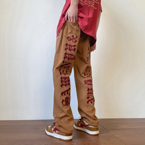 American vibe wind pants High Street Chains embroidered brown jeans Mens design A small crowd of retro broad leggings