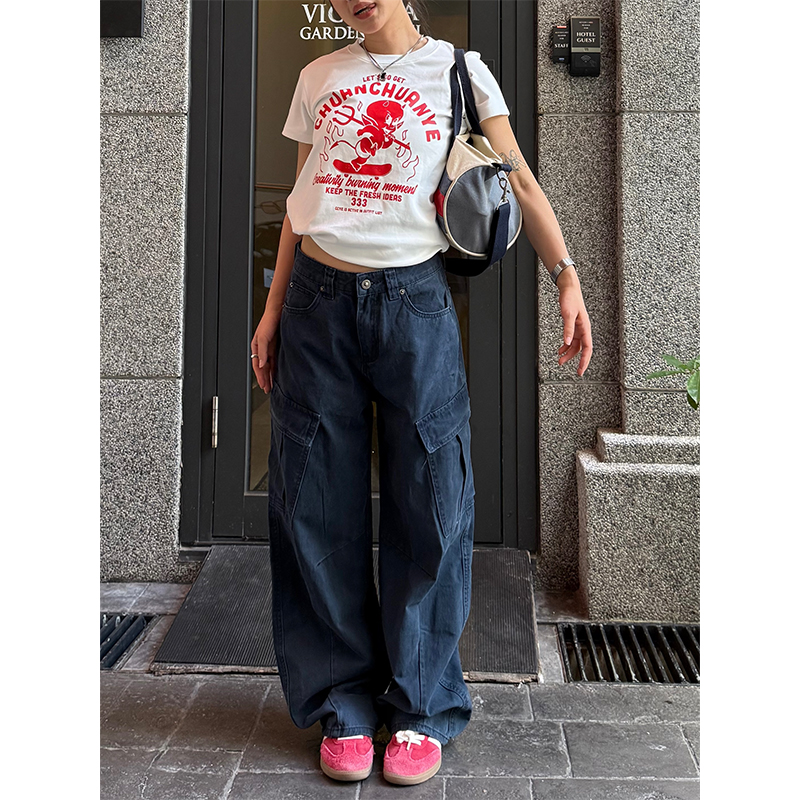 Chuanchuanyejia アメリカンハイストリートのマルチポケットマチェーテオーバーオール（男女兼用）とゆったりプリーツカジュアルウォッシュドパンツ