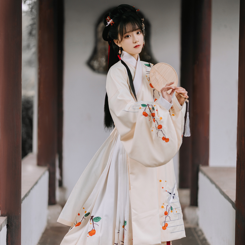 Viscount autumn color (persimmon kite) original design Hanfu women's embroidered Ming system cross-collar long jacket horse face skirt autumn and winter