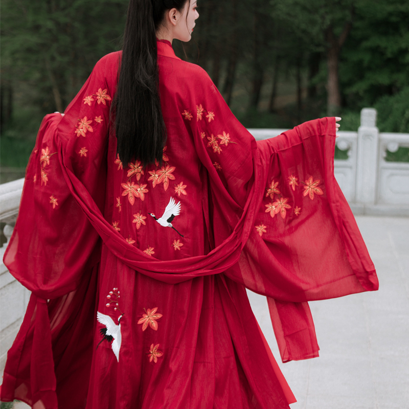 Sub-Baron Autumn Maple Maple Leaf Crane large sleeves Chested Breast skirt Skirt Fairy Hanfu Woman China Wind Fairy Crane Wide Sleeve Wei Jinfeng Spring Autumn