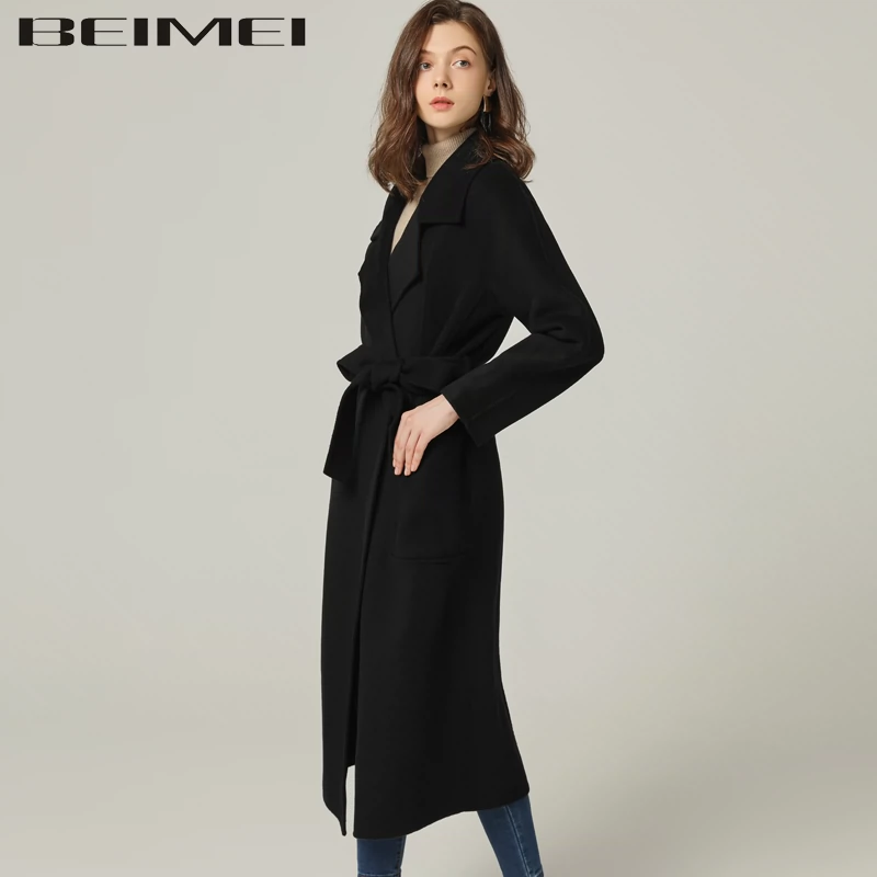 Áo khoác len cashmere hai mặt màu đen giữa nữ mùa thu 2019 mùa thu và mùa đông mới Áo khoác len kiểu đầu gối kiểu Hepburn - Áo khoác ngắn