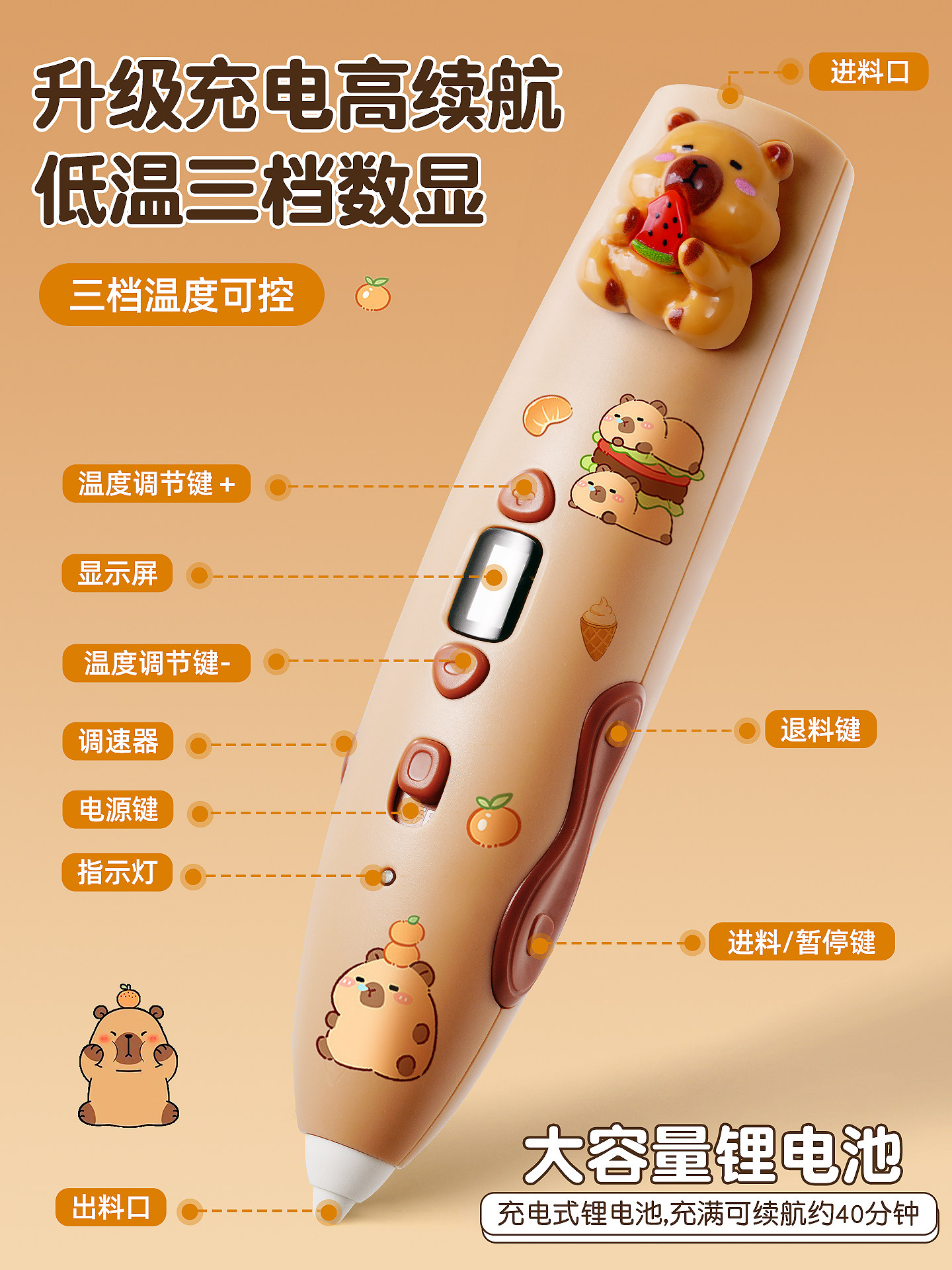 Deli 3D Printing Pen, Low Temperature, Non-Hot to the Touch, Kapibara Collaboration Children's Model, 3D Graffiti Pen Toy, Smart Drawing Pen, Consumables, Rechargeable, Educational 3D Pen, Multifunctional Magic Pen