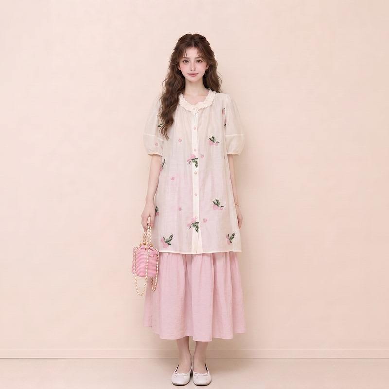 Rola Gentle and Sweet Style Embroidered Lace Collar Shirt for Women, Summer Girly Style Suspender Dress Layered Two-Piece Set Rola Gentle and Sweet Style Embroidered Lace Collar Shirt for Women, Summer Girly Style Suspender Dress Layered Two-Piece Set