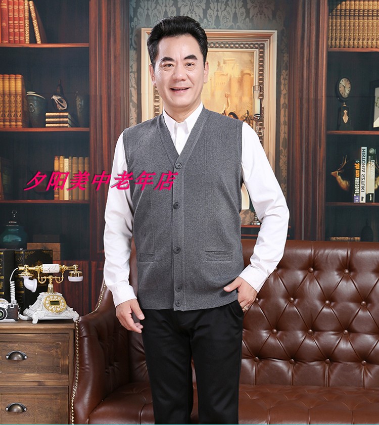 Áo vest nam mùa xuân và mùa thu cho nam trung niên Áo len cổ chữ V của cha len dệt kim