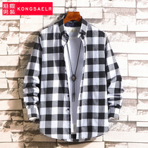 Plaid shirt mens Korean long-sleeved shirt Mens coat handsome black and white plaid shirt autumn clothes mens trend